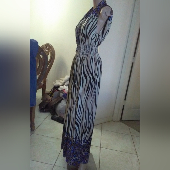 VINTAGE MAXI DRESS CINCH WAIST ANIMAL PRINT (TAN BLUE BLACK) PTP 19 TONS STRETCH - Picture 10 of 10